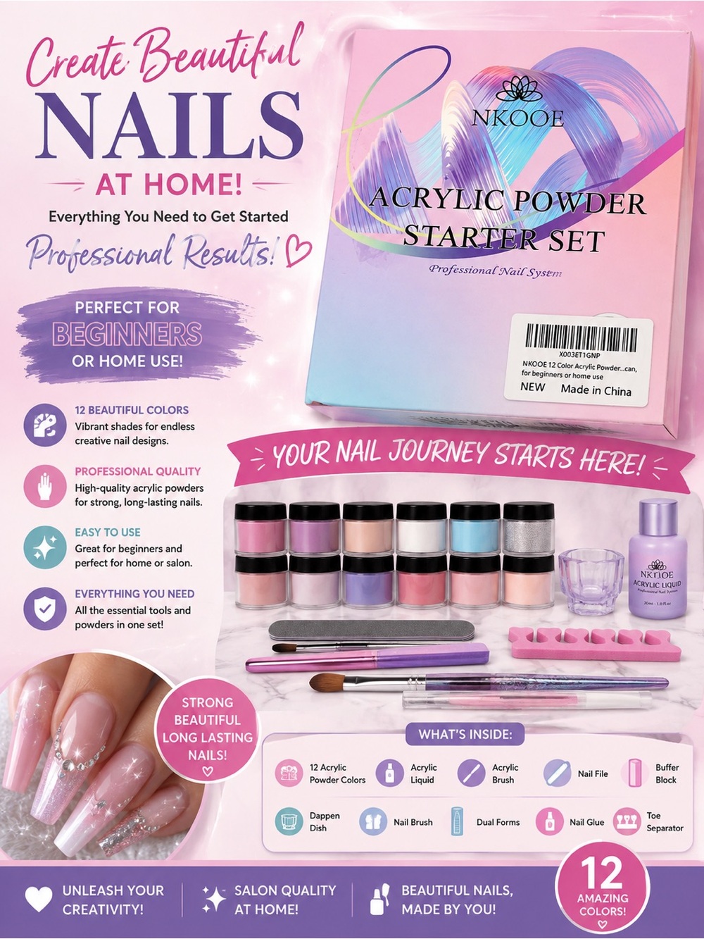 NKOOE Acrylic Powder Starter Set - Pink & Purple Nail Kit